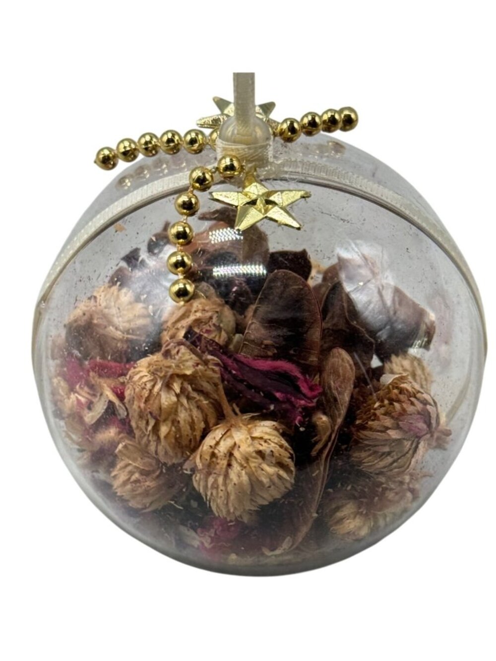 Christmas tree potpourri plastic ball ornament clear plastic 3" bow READ